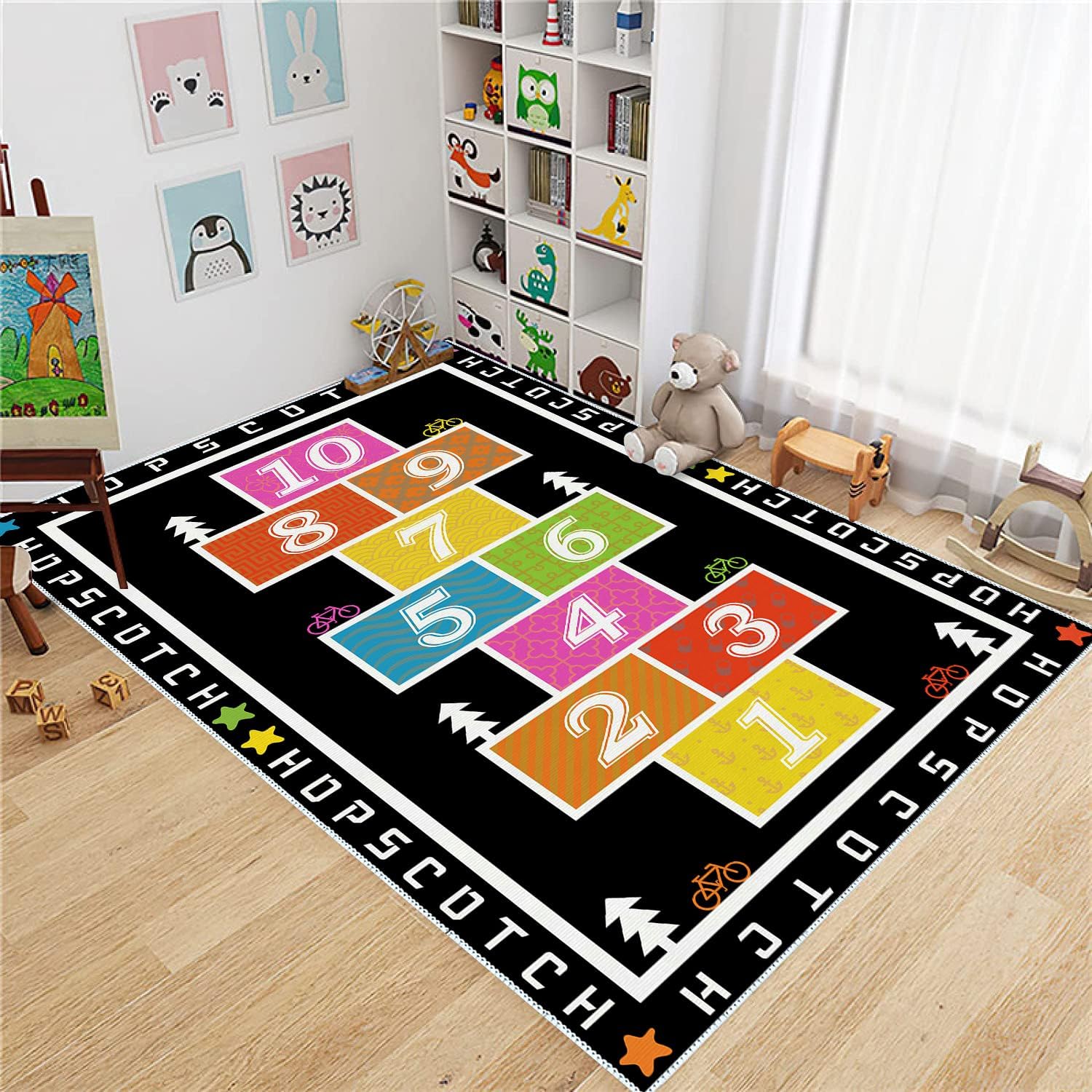 Sejiarep Alfombra decorativa colorida de 4 x 6 pies para habitación de niños, alfombra decorativa negra para sala de juegos, jardín de infantes,