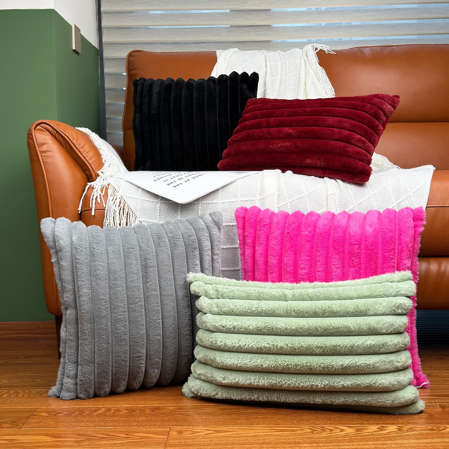 Juego de 2 fundas de almohada de 18 x 18 pulgadas, fundas decorativas de piel sintética para cama, funda de almohada suave y esponjosa con respaldo