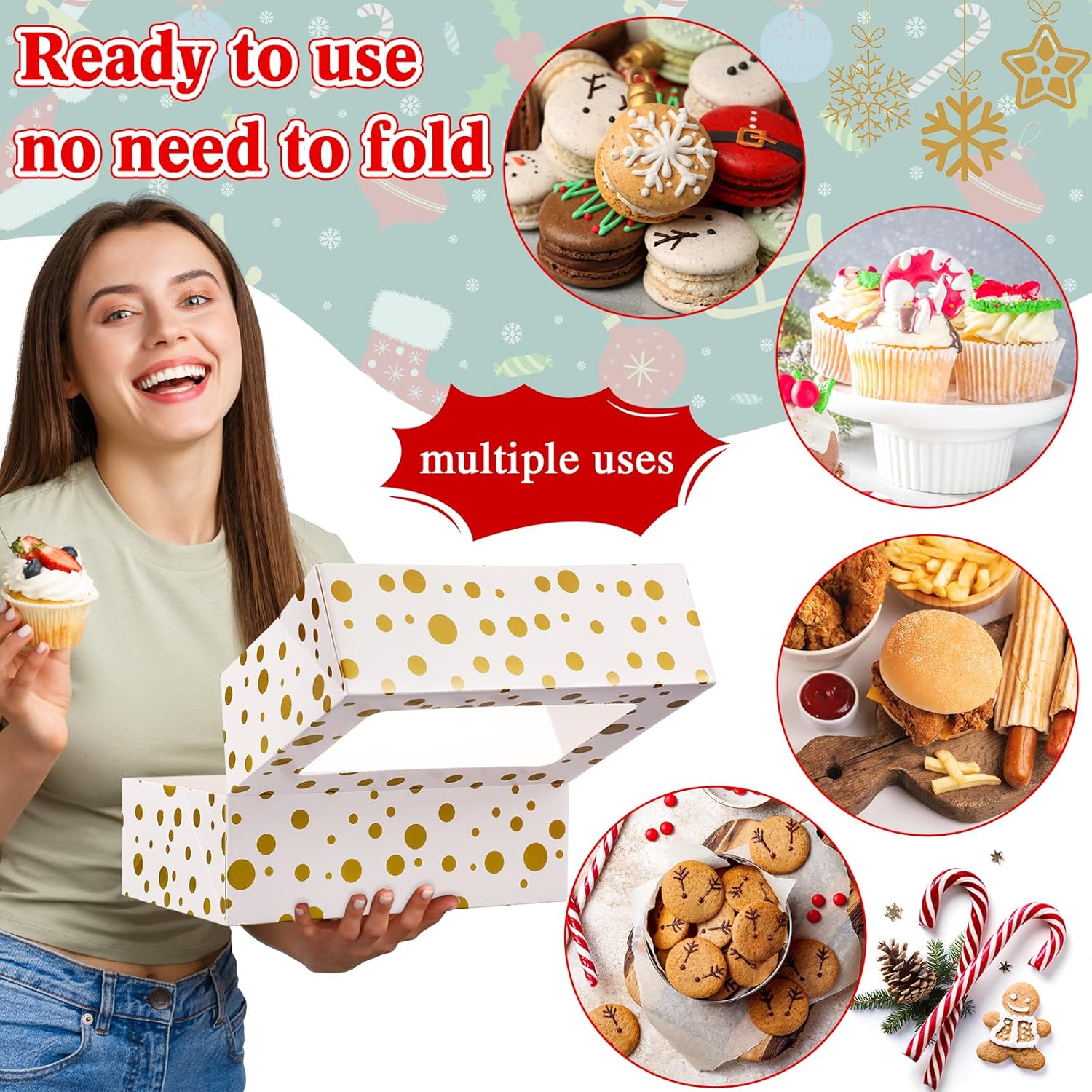 36 cajas de galletas de Navidad con ventana, cajas de panadería de Navidad de 10 x 6.7 x 3.2 pulgadas, recipientes de regalo de galletas con