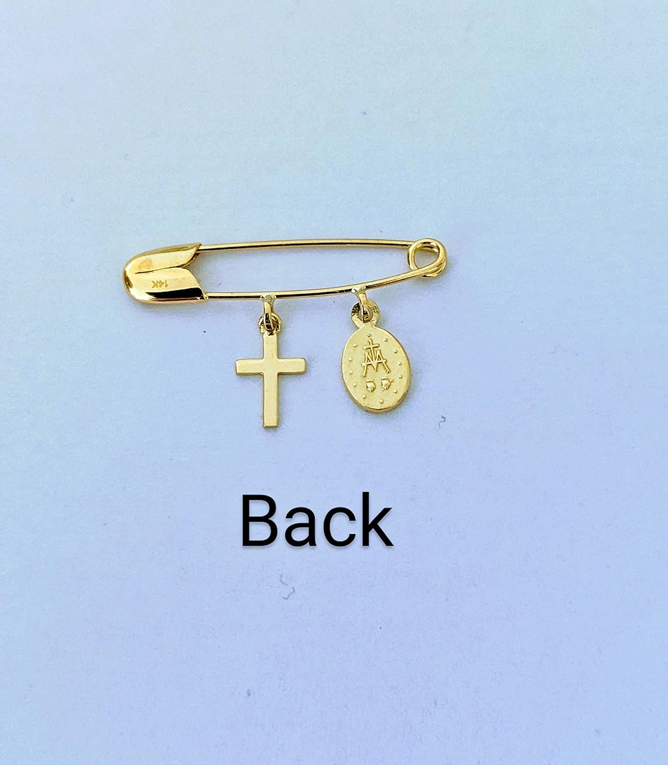 14k Yellow Gold Baby Safety Pin with Cross & Virgin Mary CharmsChristeningBaptismNOT Gold Filled NOT Gold Plated