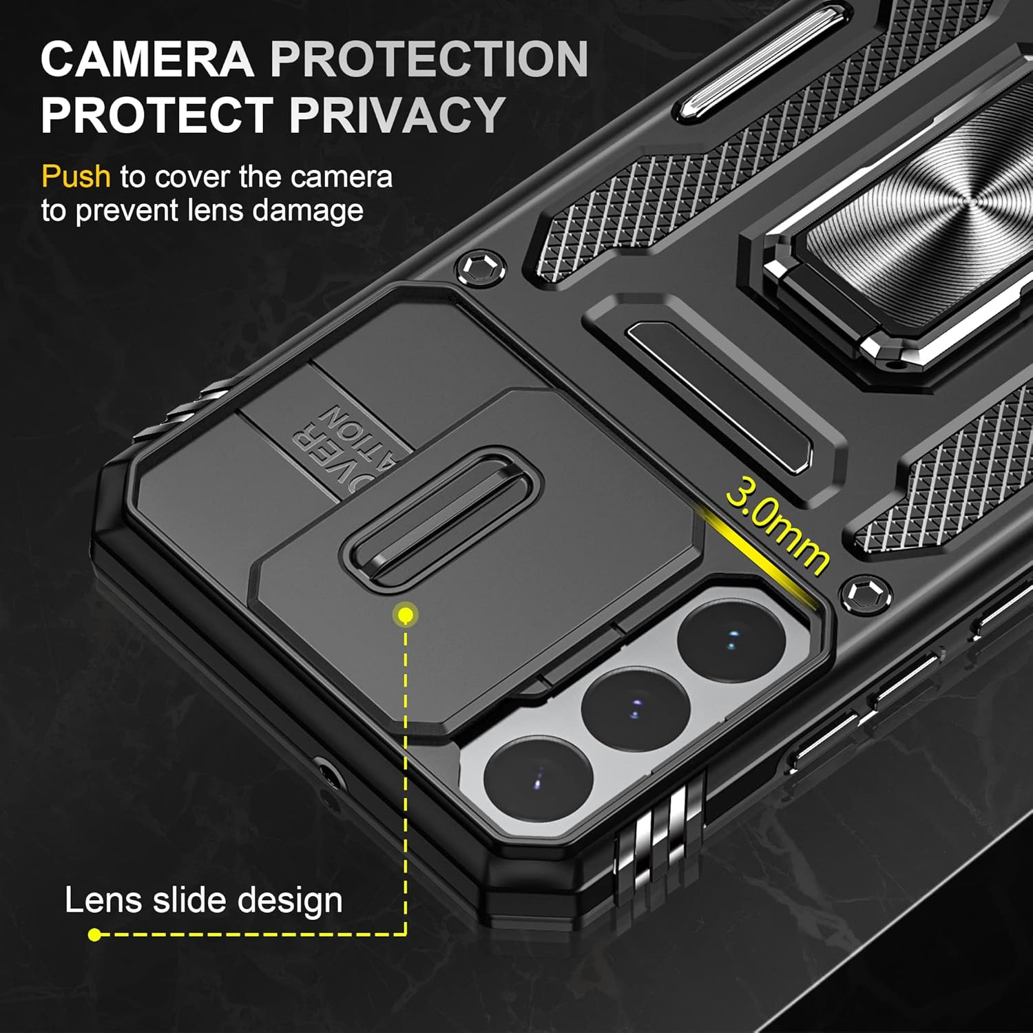ZenRich Funda resistente para Samsung Galaxy S22 con cubierta deslizante para cámara y soporte, funda protectora de doble capa de grado militar