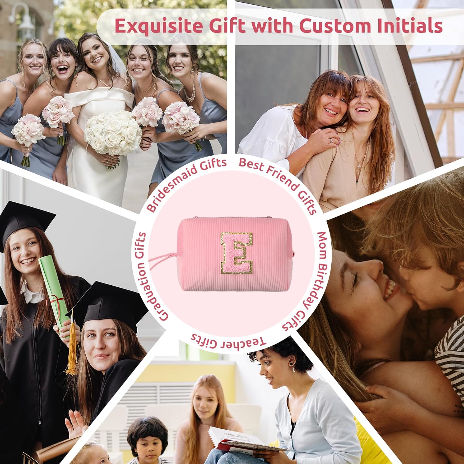 Bolsa de cosméticos pequeña para cosméticos, organizador de bolsas de maquillaje de pana rosa, bonitos regalos personalizados para mujeres, bolsa de