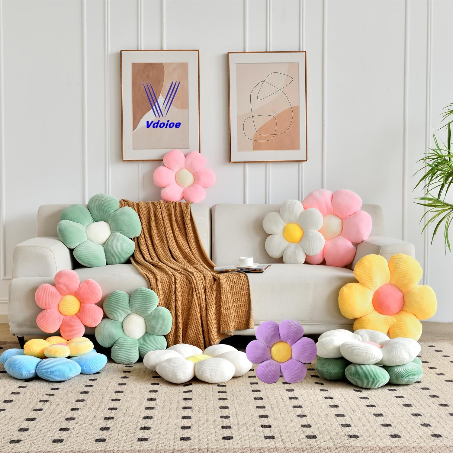 Almohada de flores, cojín en forma de flor para asiento de seis pétalos de 15.75 pulgadas, almohada de felpa de flores verdes, almohadas de piso,