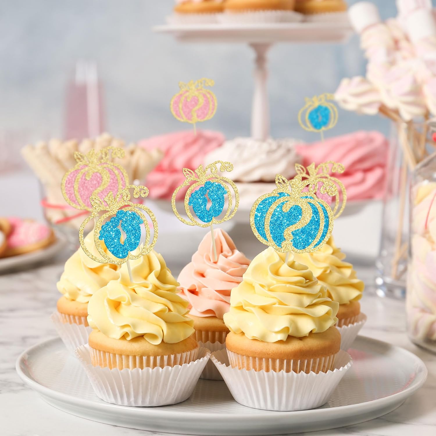 24 piezas de calabaza revelación de género para cupcakes con purpurina de calabaza pies de bebé, selecciones de cupcakes para niños o niñas,