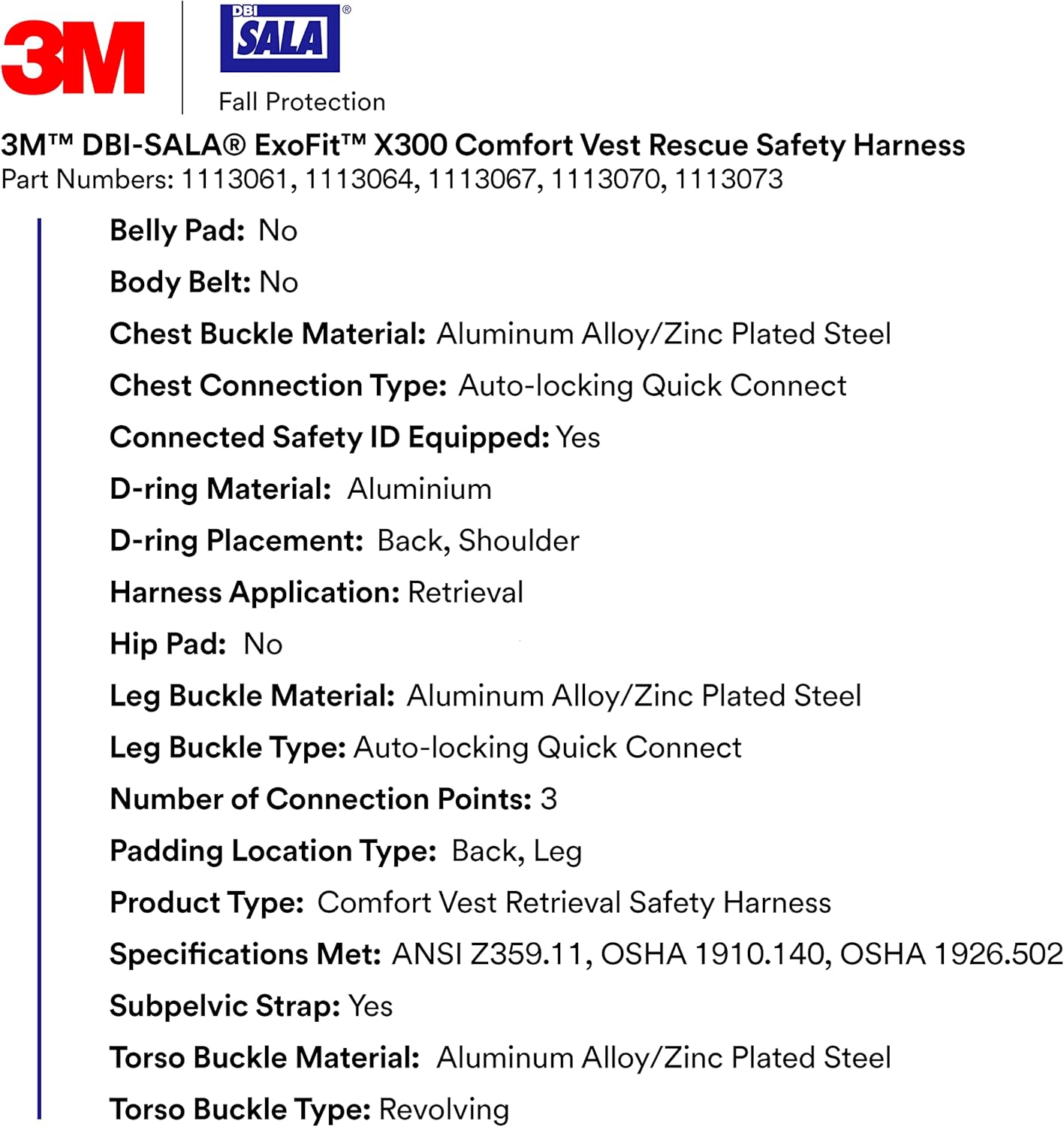 3M 1113073 DBI-SALA ExoFit X300 Arnés de seguridad de rescate, protección contra caídas de rescate de recuperación, OSHA, ANSI, anillos en D de