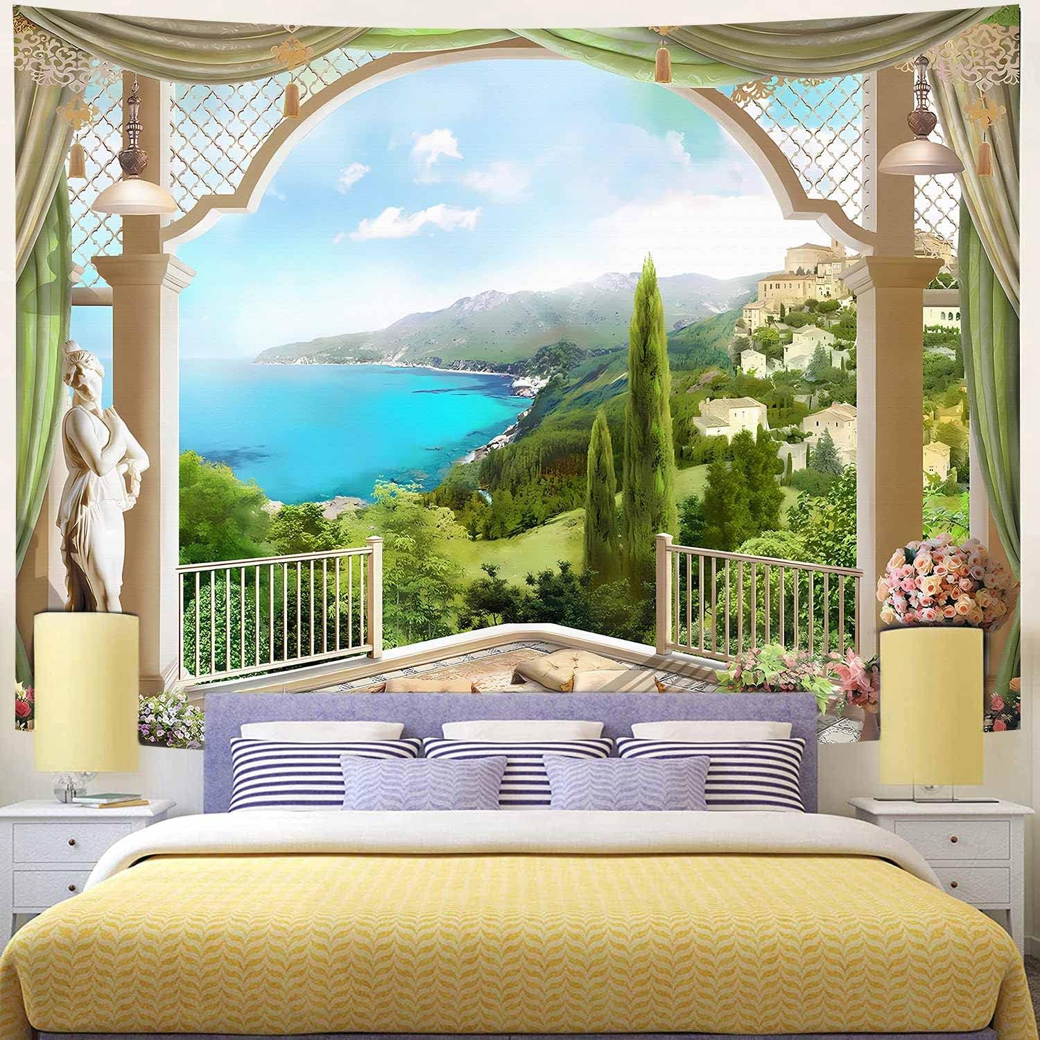 NTERC Tapiz de naturaleza con vista al balcón, verano, exuberante bosque, montaña, paisaje, para colgar en la pared, 80 x 60 pulgadas, isla