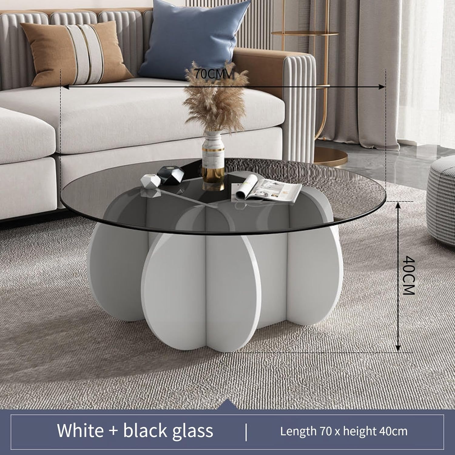 Mesa auxiliar redonda de cristal, base de madera maciza y parte superior de vidrio templado transparente, mesa auxiliar de café, mesa central simple