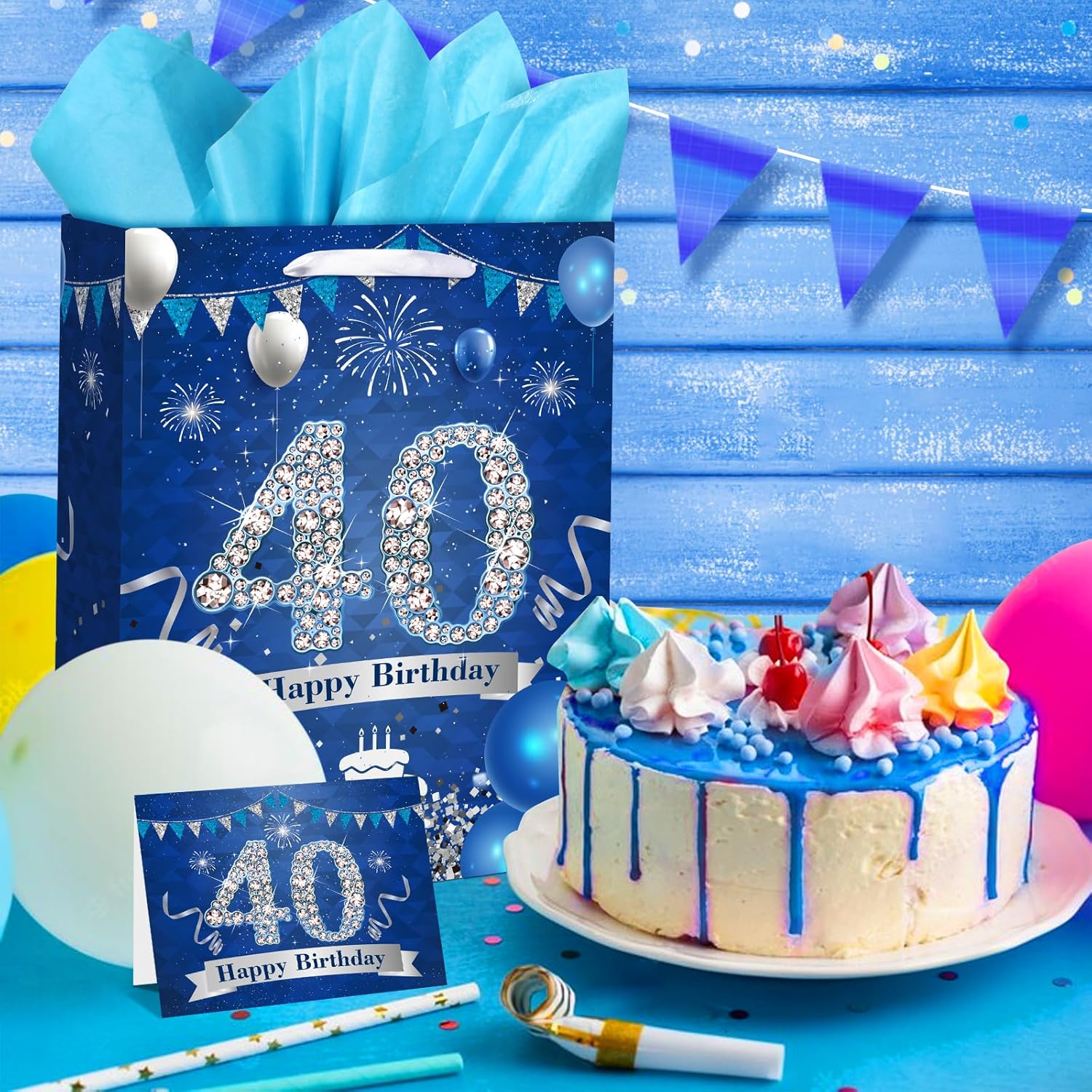 Bolsa de regalo de cumpleaños de 40 años, color azul marino y plateado, bolsa de regalo de 40 cumpleaños con papel de seda y tarjeta, bolsa azul