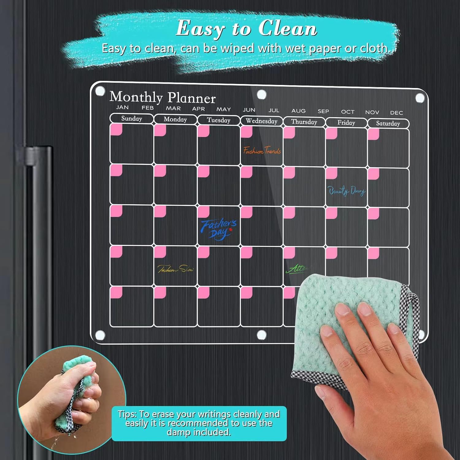 Calendario magnético para refrigerador, 2 juegos de calendarios de refrigerador con imán, calendario mensual y semanal acrílico de 16 x 12 pulgadas,