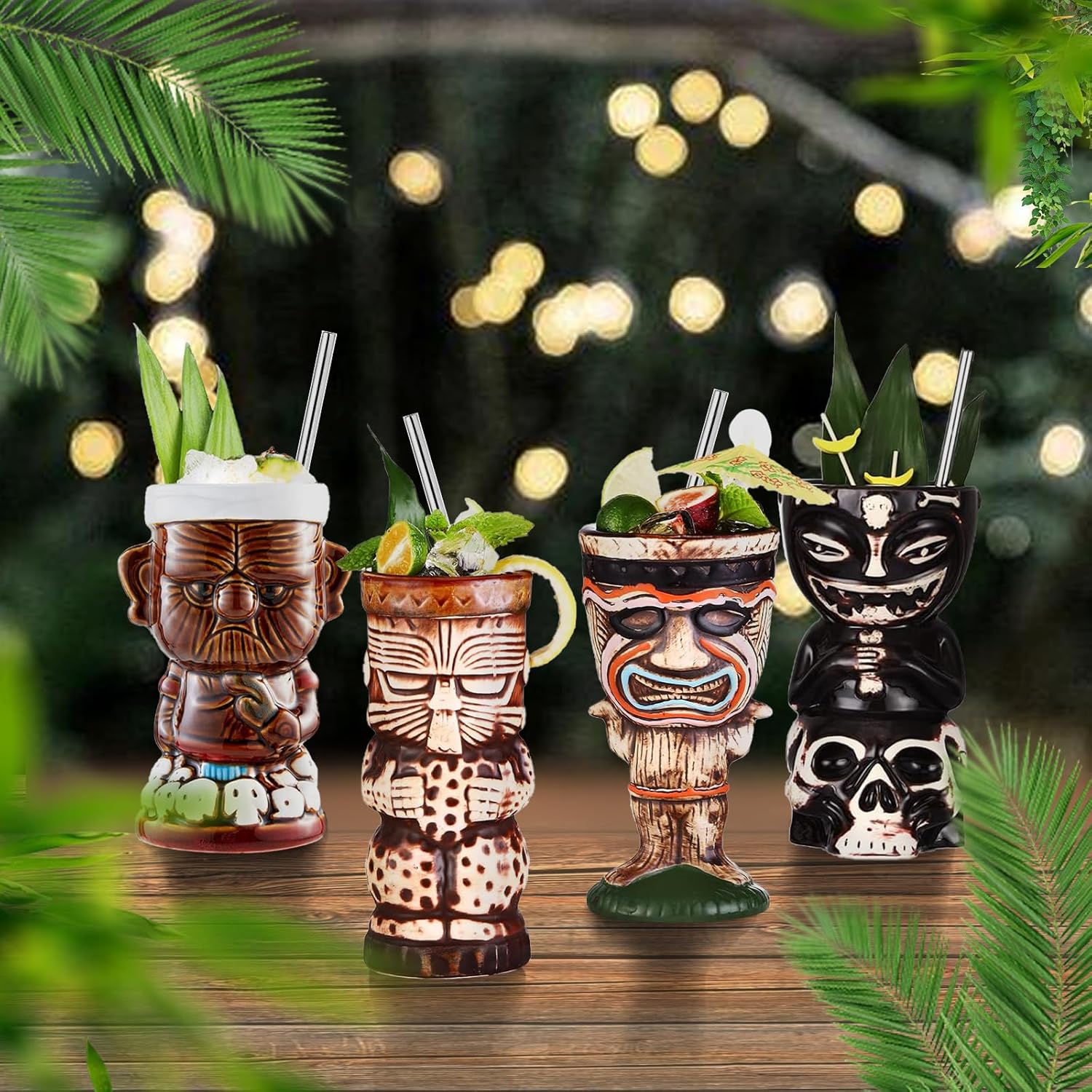 Juego de 4 tazas Tiki para cóctel, vasos de cerámica Tiki para fiesta de estilo hawaiano, vasos tropicales para barras Mai Tai, Luaus y Tiki.