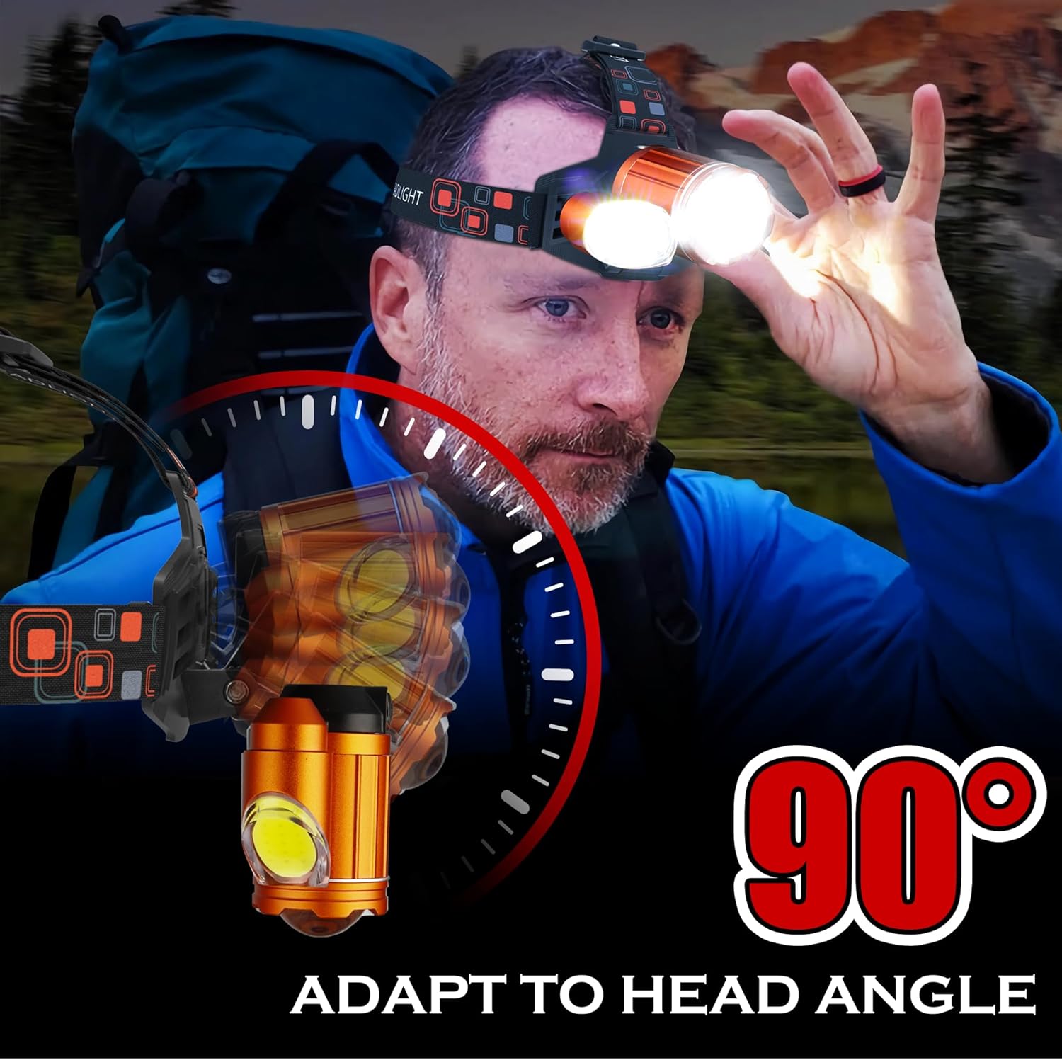 Linterna frontal recargable naranja, 10000 lúmenes, LED súper brillante, 4 modos, recargable por USB, impermeable, ajustable, lente zoomable, 1 año