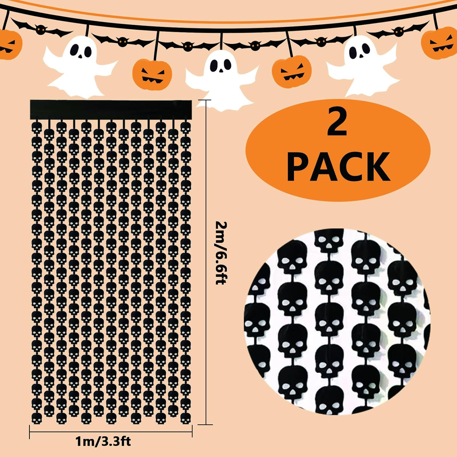Paquete de 2 cortinas de flecos de papel de aluminio de 3.3 x 6.6 pies, cortinas de oropel metálico de calavera negra, serpentina, accesorios de