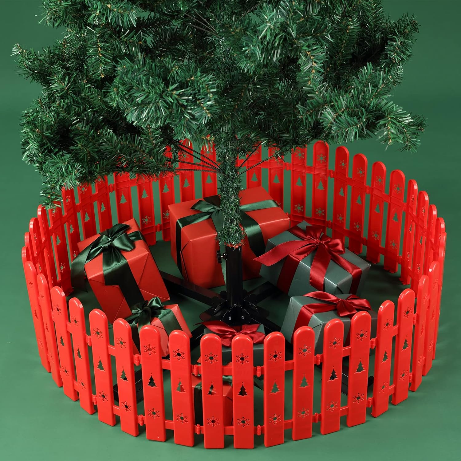 Decoración de cercas para árbol de Navidad, 24 piezas de valla de plástico rojo para puerta del árbol de Navidad, borde de valla de árbol de