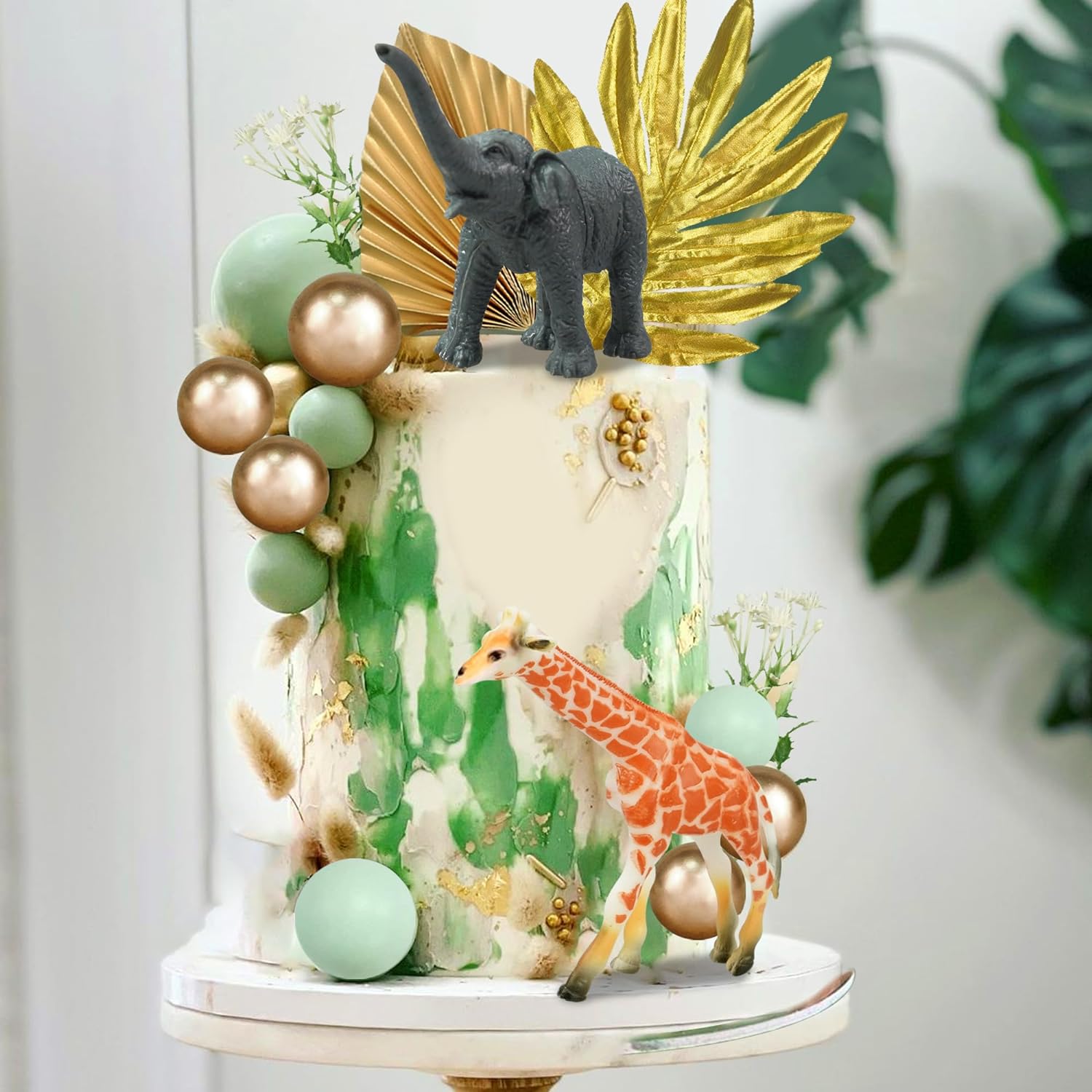 26 piezas de animales de la selva para tartas de animales de safari, figuras de animales dorados, palmas doradas, decoración de pasteles de animales