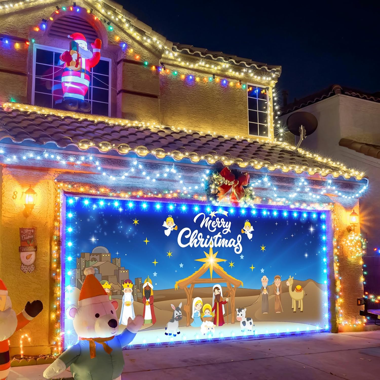 Cartel de Navidad para puerta de garaje al aire libre, 7 x 16 pies, decoración de fondo grande de Navidad con tira de luces LED, cubierta de vinilo