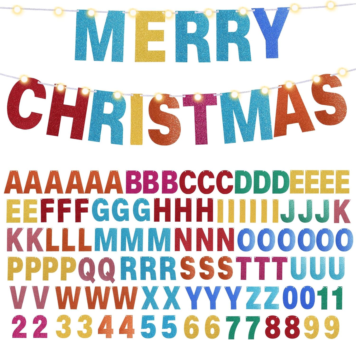 TaoBary Kit de 112 pancartas personalizables con purpurina, incluye 107 letras y números, 3 cuerdas y 2 luces decorativas para fiesta de cumpleaños,