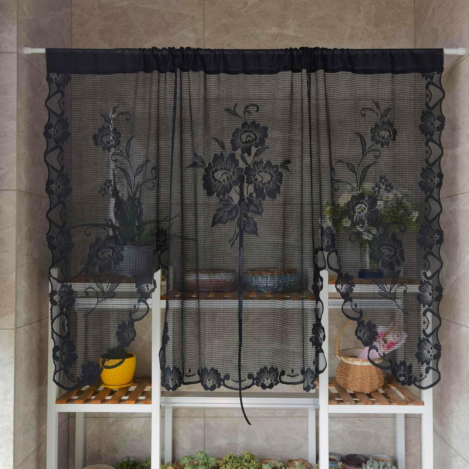 ZZC Cortina de encaje floral semitransparente, cortina con estampado de cascada para decoración de cocina, media ventana y baño (1 panel negro 1