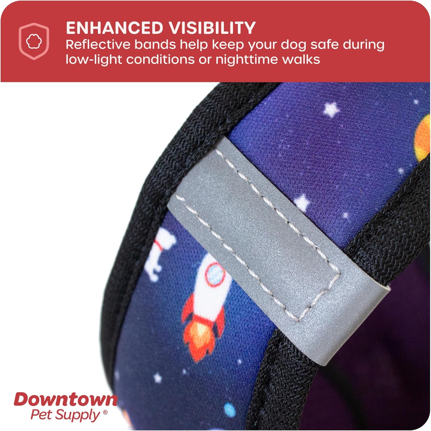 Downtown Pet Supply – Arnés ajustable para perros pequeños, antitirones, XS, diseño espacial, tela de malla acolchada y borde reflejante, arnés de