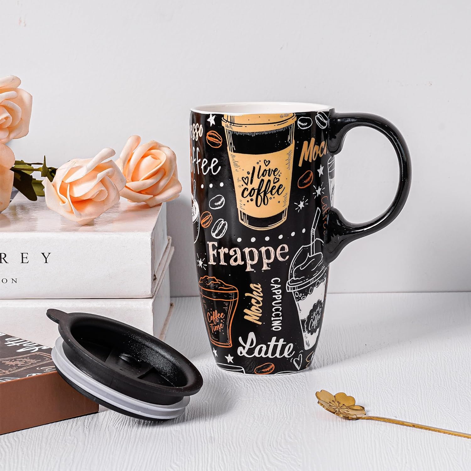 Topadorn Taza de cerámica de porcelana Latte Tea Cup Taza de café con caja de regalo, 17oz.Taza de viaje con tapa, estilo café