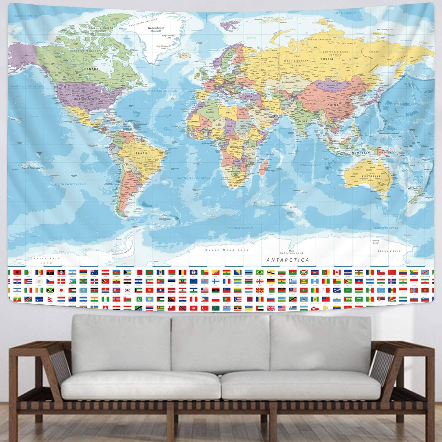 KYKU Tapiz pequeño de mapa del mundo, tapiz con mapa del mundo, banderas, decoración de viaje, aula, decoración de la tierra, fiesta (51.2 x 59.1