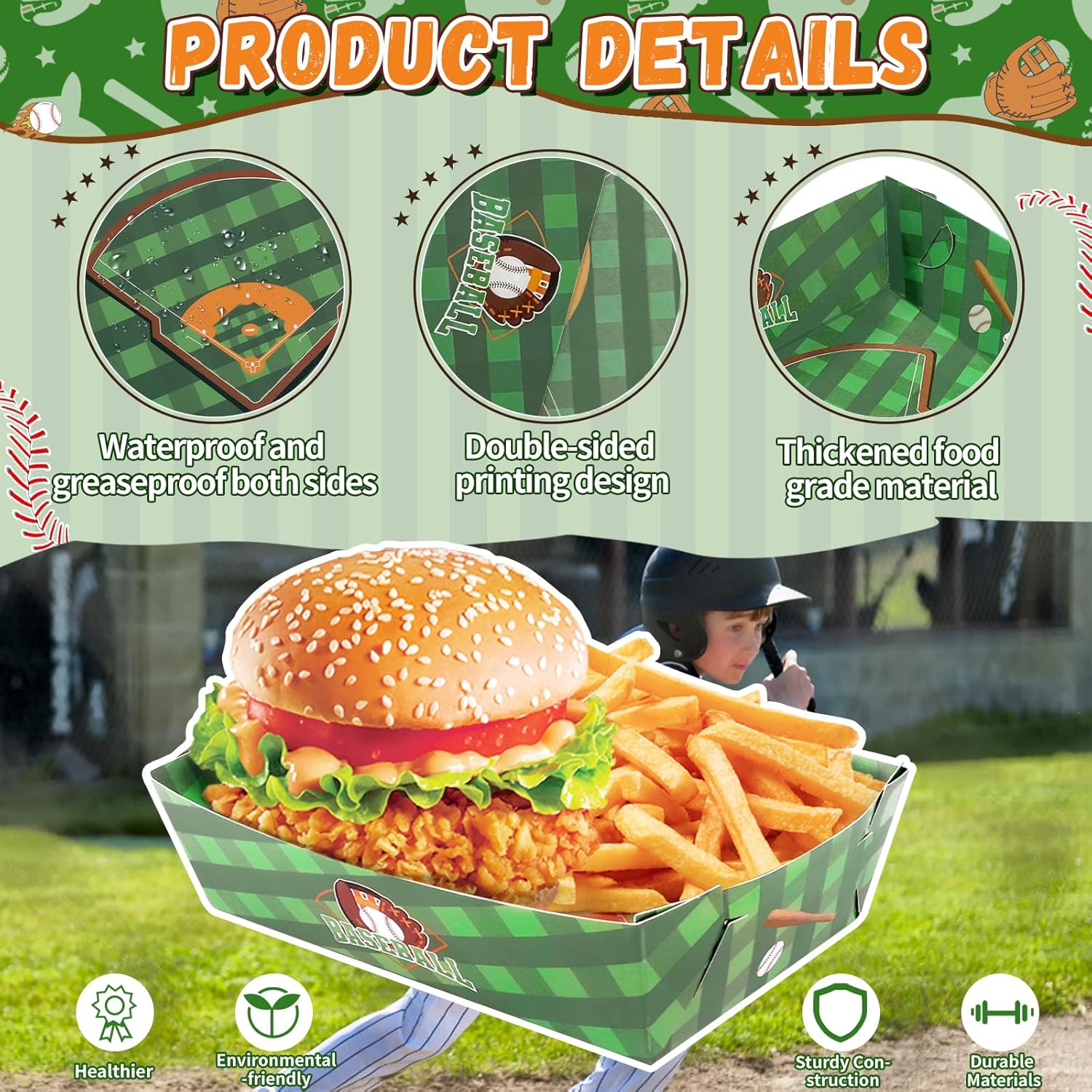 Paquete de 60 bandejas de comida de béisbol, decoraciones de fiesta de béisbol, bandeja de papel desechable para servir alimentos, botes nachos para