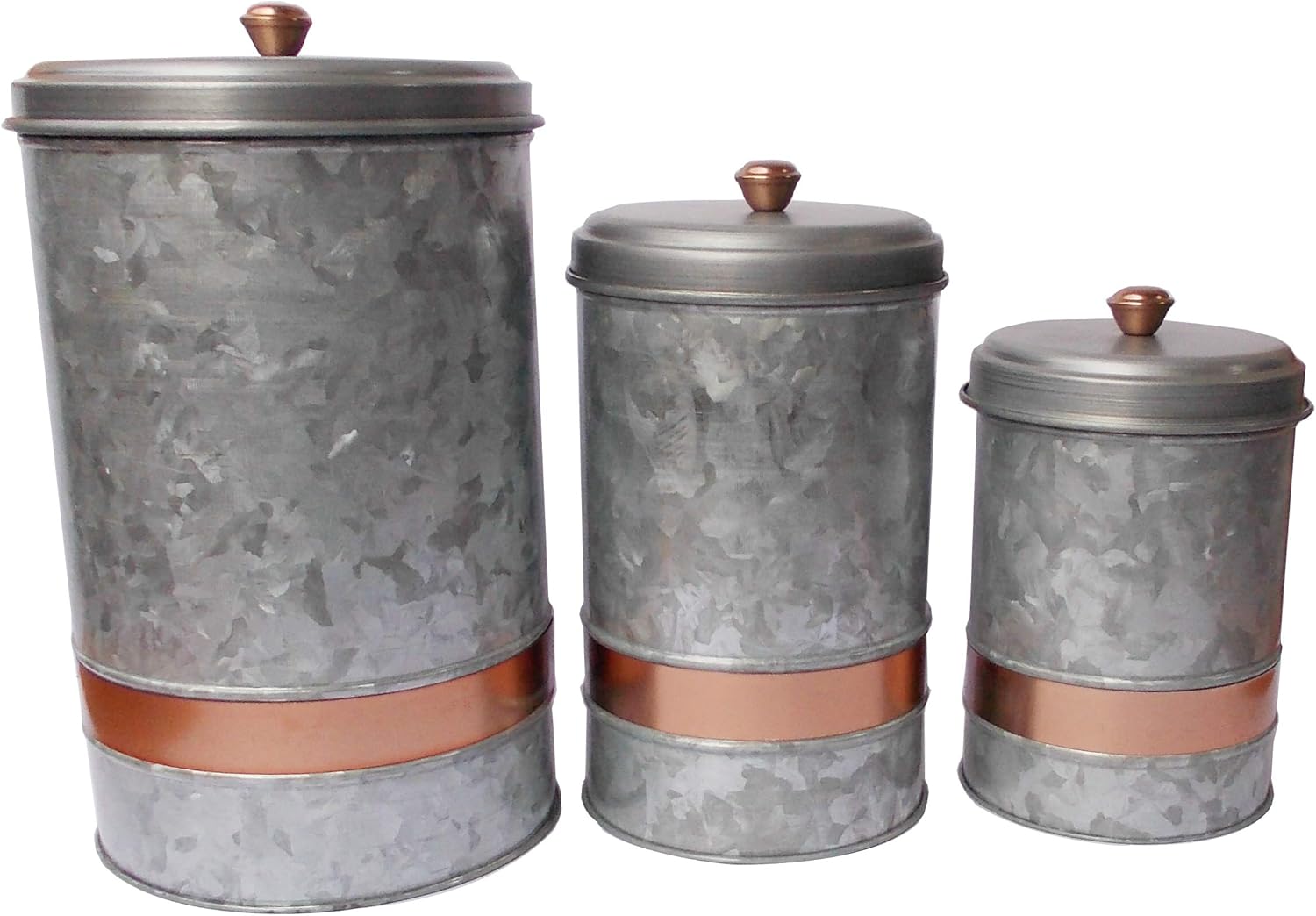 Benzara AMC0014 Recipiente con tapa de metal galvanizado con banda de cobre, juego de tres, gris