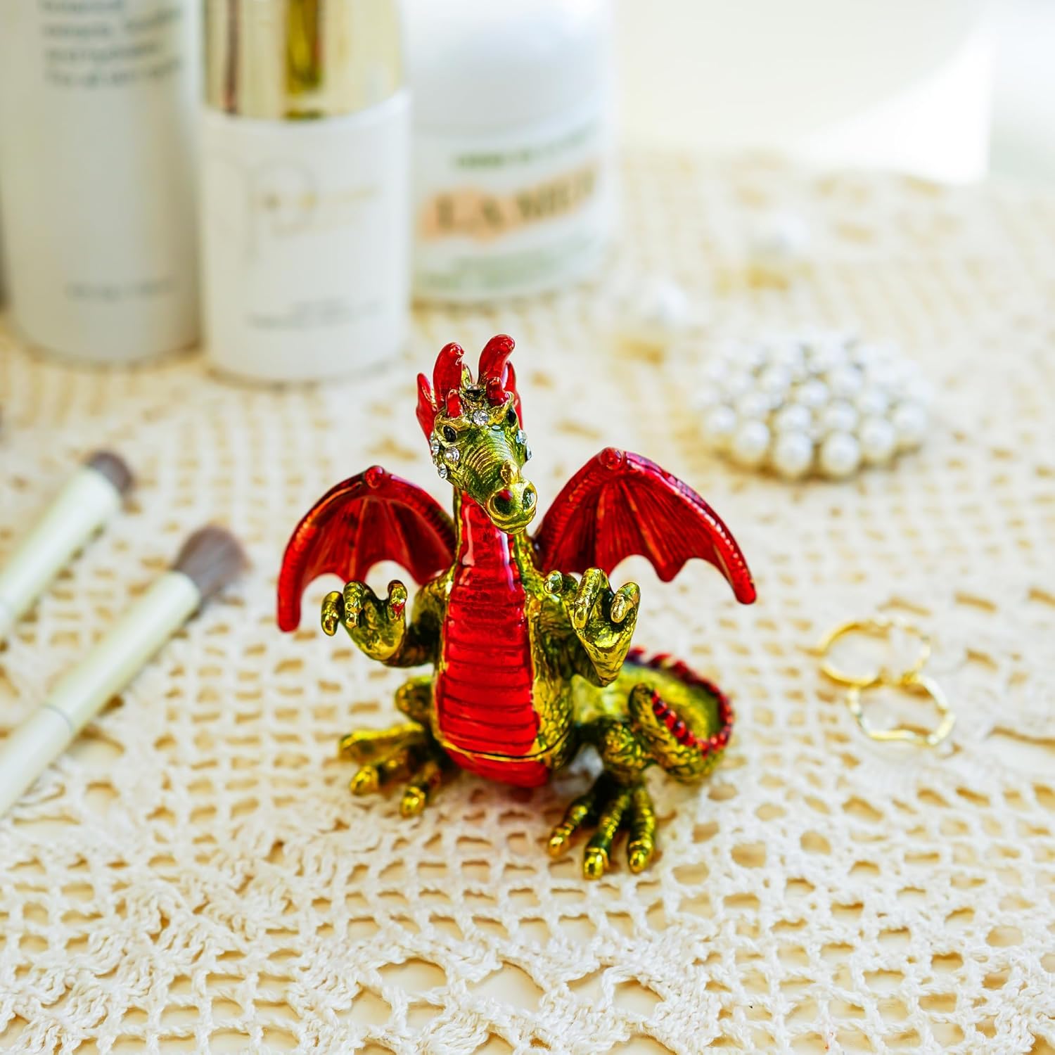 YU FENG Lindas cajas de baratijas de pterosaurio rojo con bisagras de cristal con joyas de dinosaurio figuras de animales de joyería expositor