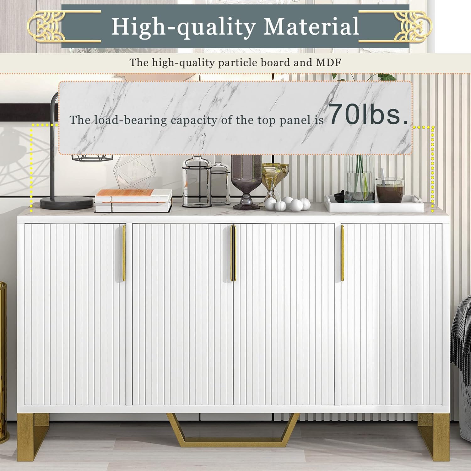 P PURLOVE Aparador moderno con cuatro puertas, armario de madera con estante ajustable, mesa de cocina con almacenamiento con patas de metal para