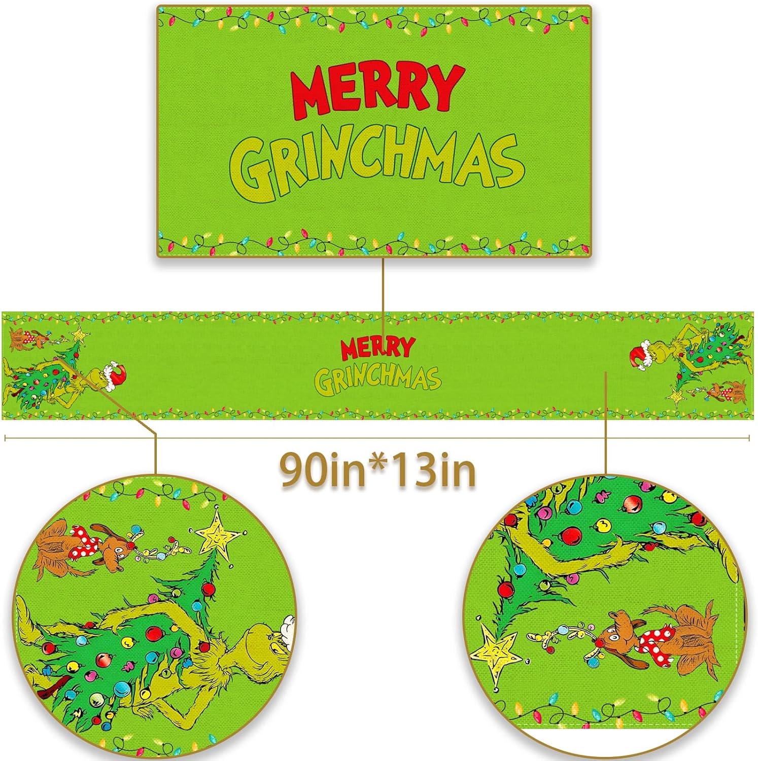 Camino de mesa Grinchmas Merry Christmas Whoville para fiestas de invierno, cocina, chimenea, comedor, decoración del hogar (verde, 13 x 90 pulgadas)