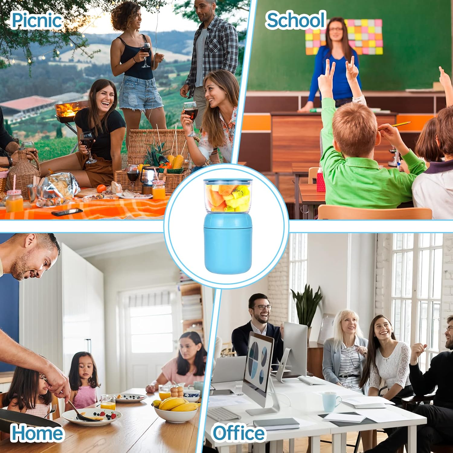 Blue – Juego de 3 soportes unisex para comidas, polipropileno y acero inoxidable, incluye cuenco para cereales, taza de leche y cuchara, apto para