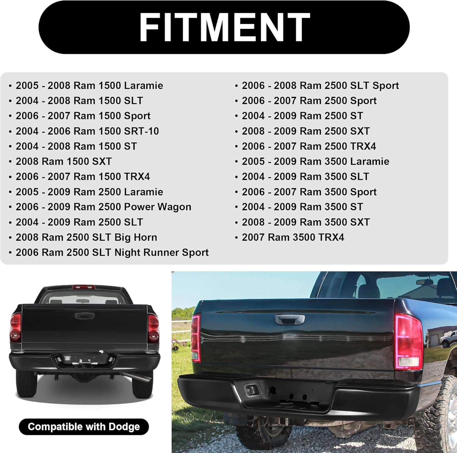 Conjunto de parachoques trasero para Dodge Ram Pickup 04 05 06 2007 2008 Dodge Ram Pickup 04 05 06 07 08 2004-2008 Negro