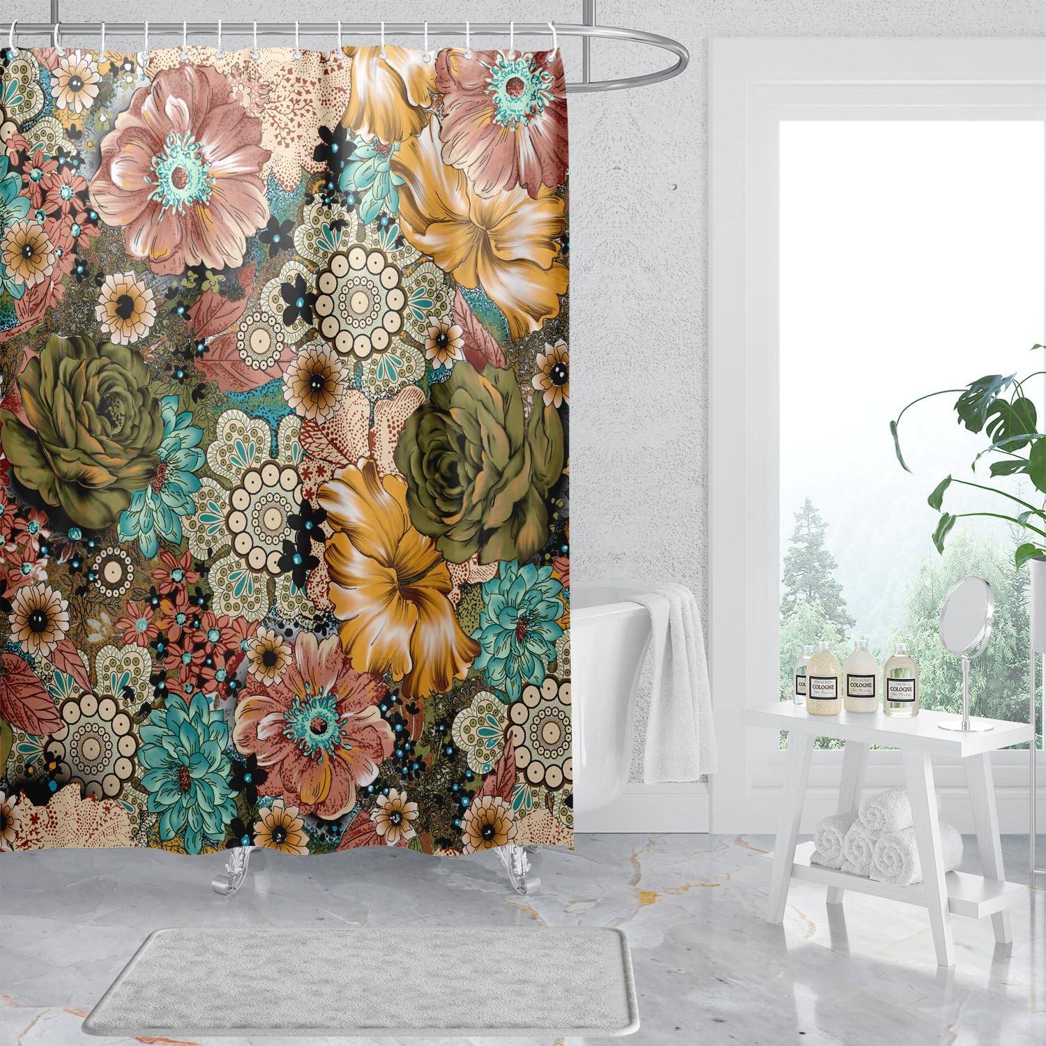 Cortina de ducha con diseño floral bohemio, elegante y bohemio, cortina de ducha de tela impermeable con 12 ganchos, 72 x 72 pulgadas