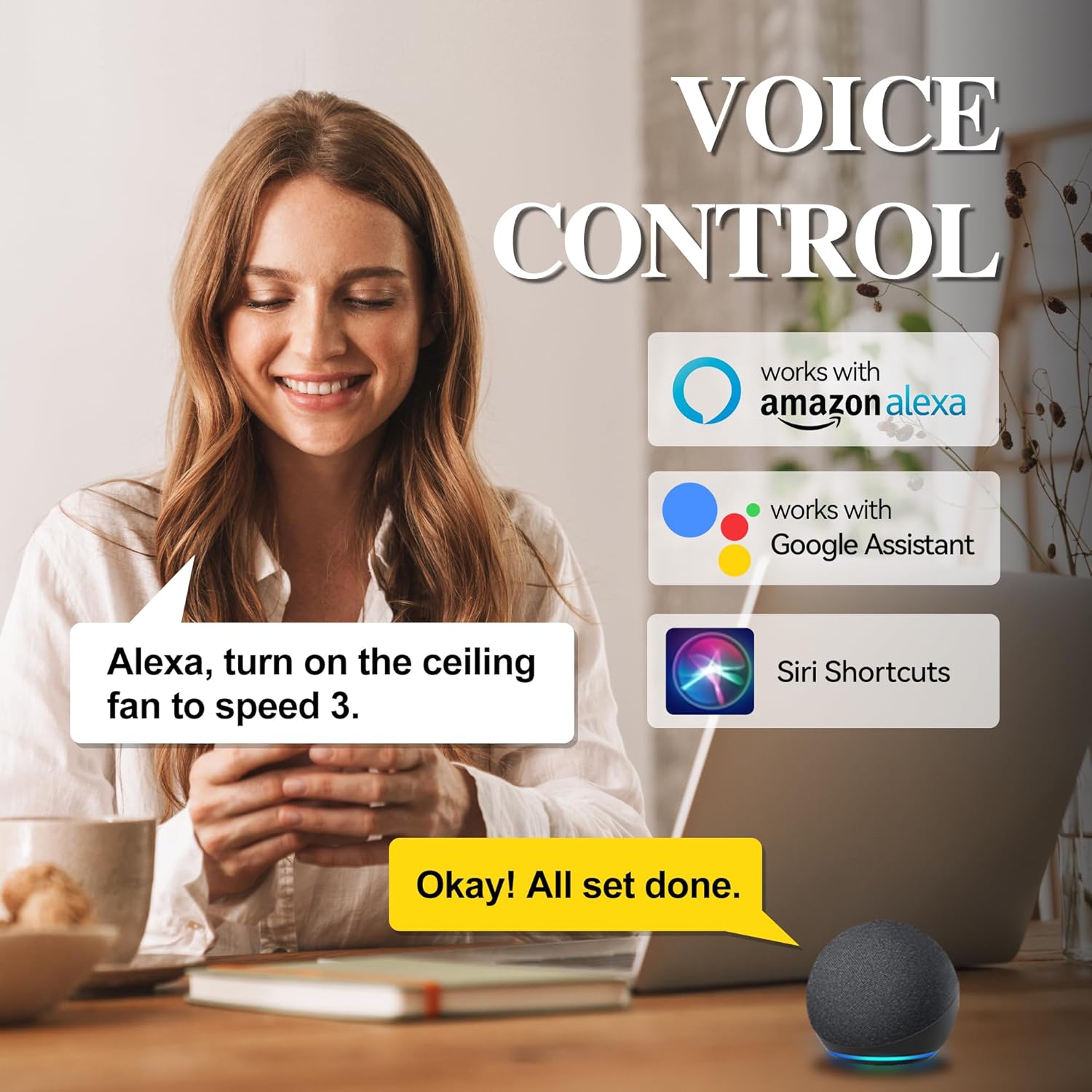 SMAAIR Ventilador de techo inteligente de 48 pulgadas con control remoto de luz regulable, ventilador de techo CC para interiores y exteriores con 3