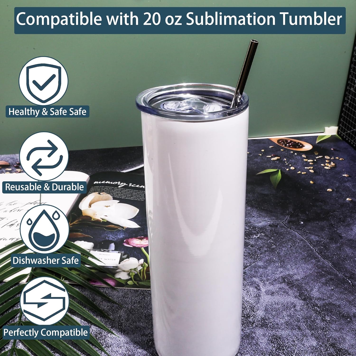 Pajitas de metal de acero inoxidable para vaso de sublimación de 20 onzas, con 25 popotes rectos reutilizables, 25 cepillos limpiadores de popotes y