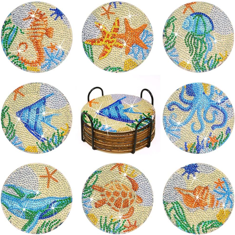 Juego de 8 posavasos de pintura de diamantes con soporte de base de corcho, tema de playa, playa, mar, vida costera, kit de pintura de diamantes