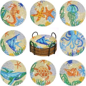 Juego de 8 posavasos de pintura de diamantes con soporte de base de corcho, tema de playa, playa, mar, vida costera, kit de pintura de diamantes Juego de 8 posavasos de pintura de diamantes con soporte de base de corcho, tema de playa, playa, mar, vida costera, kit de pintura de diamantes