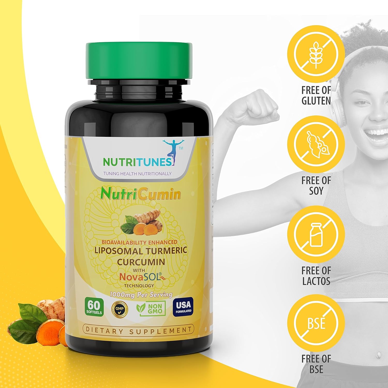 NutriCumin 1000mg Curcumina de cúrcuma liposomal con NovaSOL (60 cápsulas blandas)  para la salud de las articulaciones, sin OMG, certificado GMP y