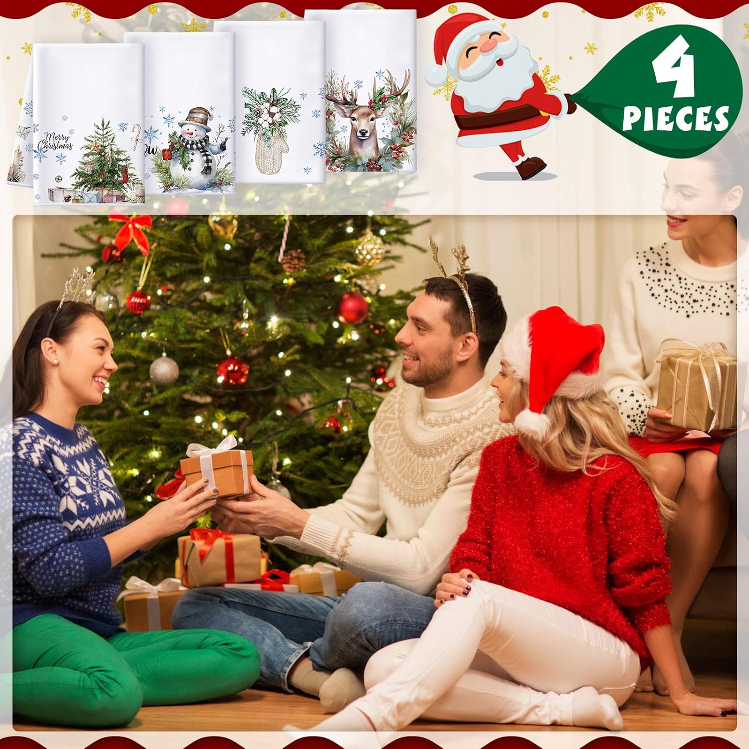 Juego de 4 toallas de cocina de Navidad de 17 x 26 pulgadas, absorbentes de Navidad, árbol de Navidad, copo de nieve, muñeco de nieve, toalla de
