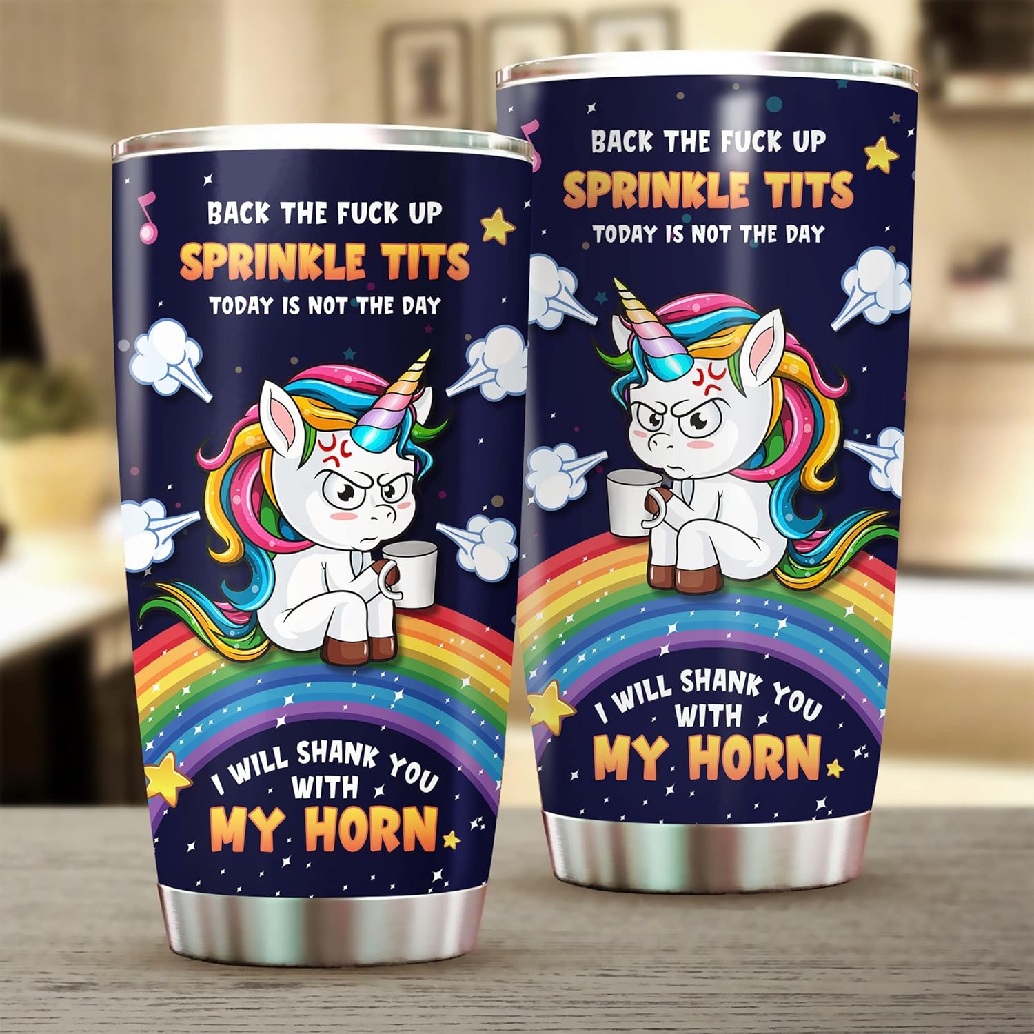 Vaso con tapa con texto en inglés “Unicorn I Will Shank You With My Horn”, taza de café arcoíris, regalo significativo de cumpleaños, regalo de