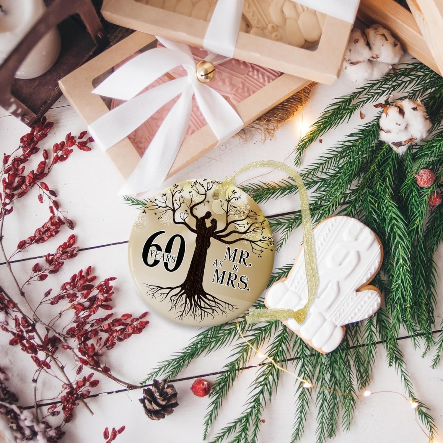 Adorno de boda de 60 aniversario 2023 colgante de Navidad para pareja, 60 años como regalos de señor y señora, regalo de boda de Navidad para