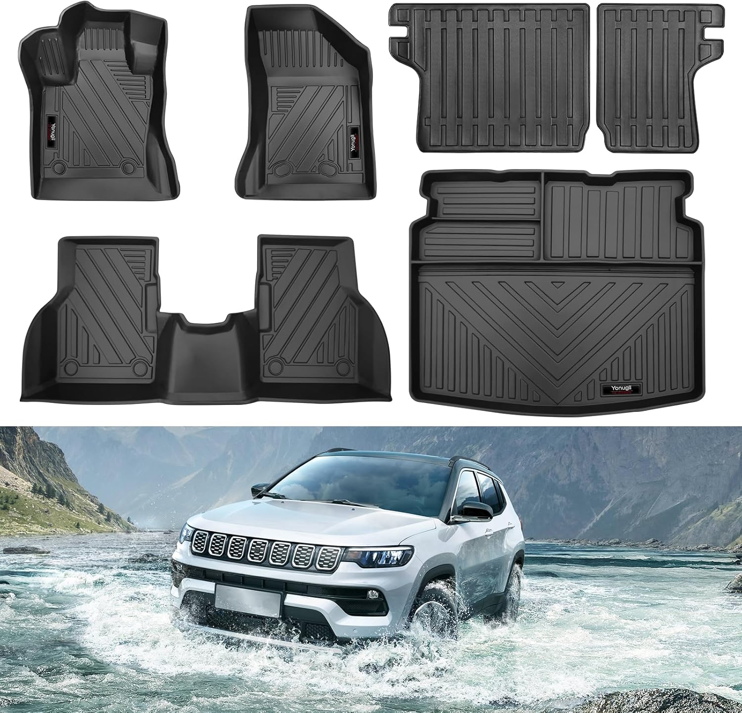 Juego de alfombrillas y revestimientos de carga y alfombrillas de respaldo compatibles con Jeep Compass 2017 2018 2019 2020 2021 2022 2023 2024