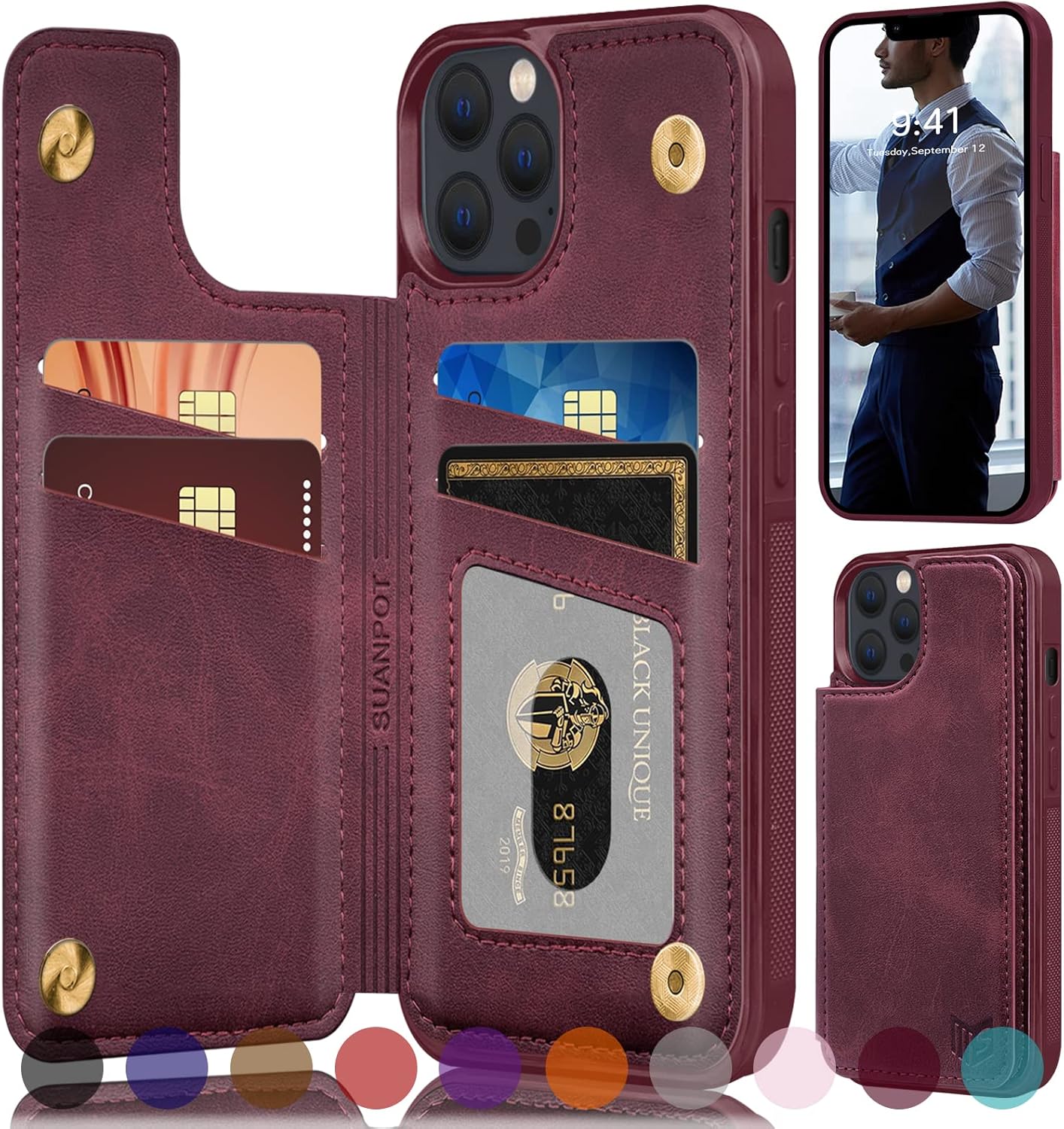 SUANPOT Funda tipo cartera con bloqueo RFID para iPhone 1212 Pro de 6.1 pulgadas con soporte para tarjetas de crédito, funda de piel sintética con