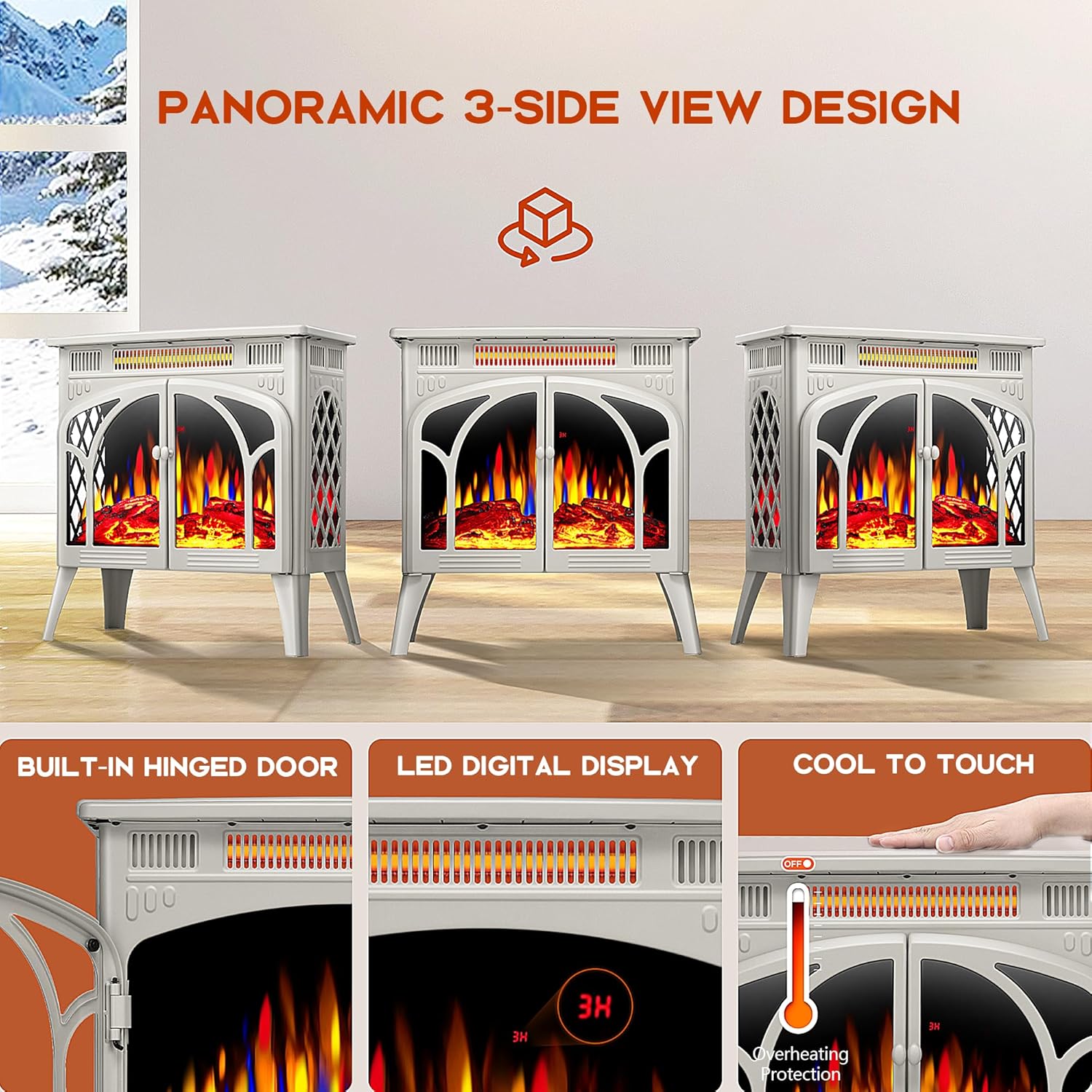 Kismile Estufa eléctrica infrarroja 3D, calentador de chimenea independiente con efectos de llama realistas, calentador de espacio portátil para
