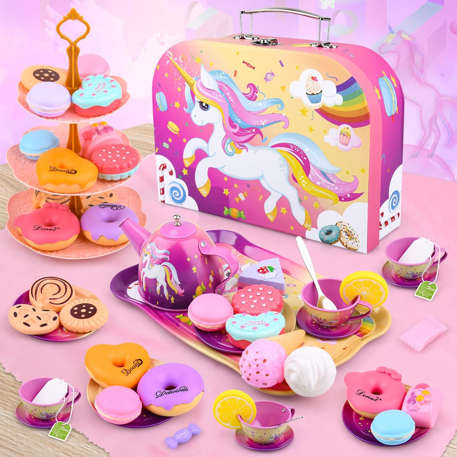 Juego de 41 piezas de fiesta de té de unicornio para niñas pequeñas, juego de tetera de hojalata, juguete de cocina con postre, dona, estuche de