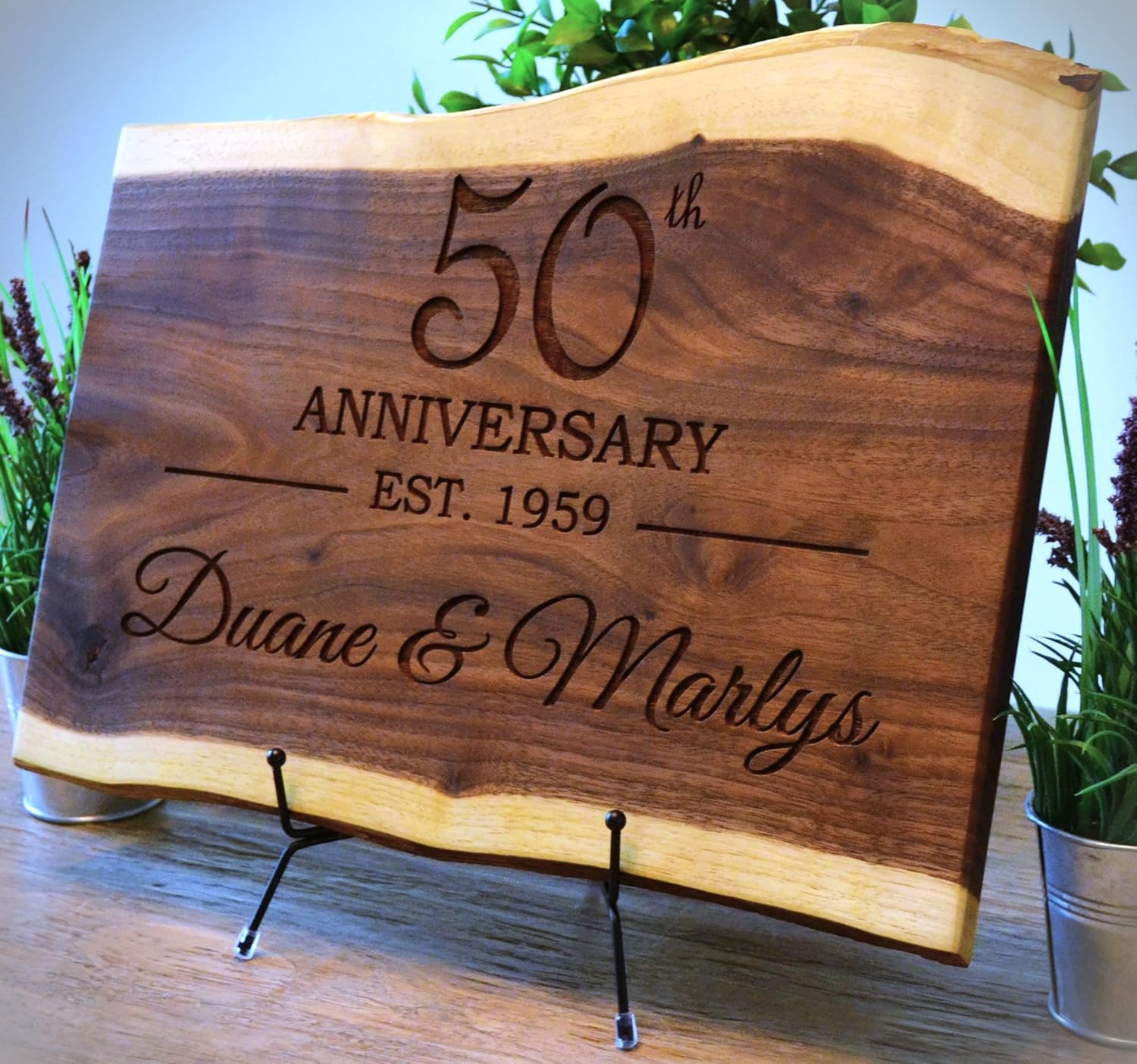 Personalized Cutting Board Wedding Gift Walnut Live Edge Artisan Rustic Display Unique Custom Engraved Anniversary Bride Groom Newlywed Couple