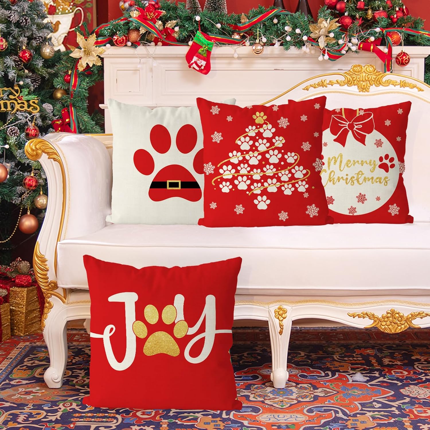 GAGEC Fundas de almohada navideñas de 18 x 18 pulgadas, color rojo, con patas de perro, fundas de almohada de invierno para decoración del hogar,