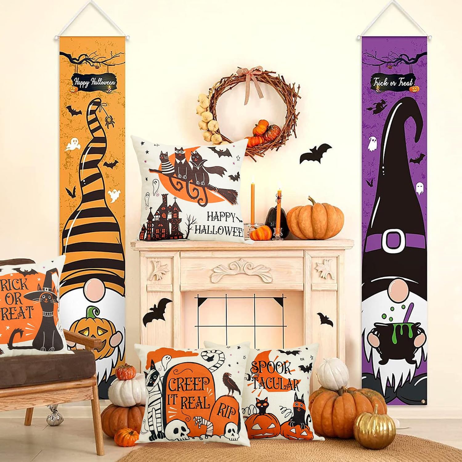 Sioloc Fundas de almohada de Halloween de 18 x 18 pulgadas con 4, decoraciones de Halloween, casa de campo de bruja de calabaza, decoración festiva