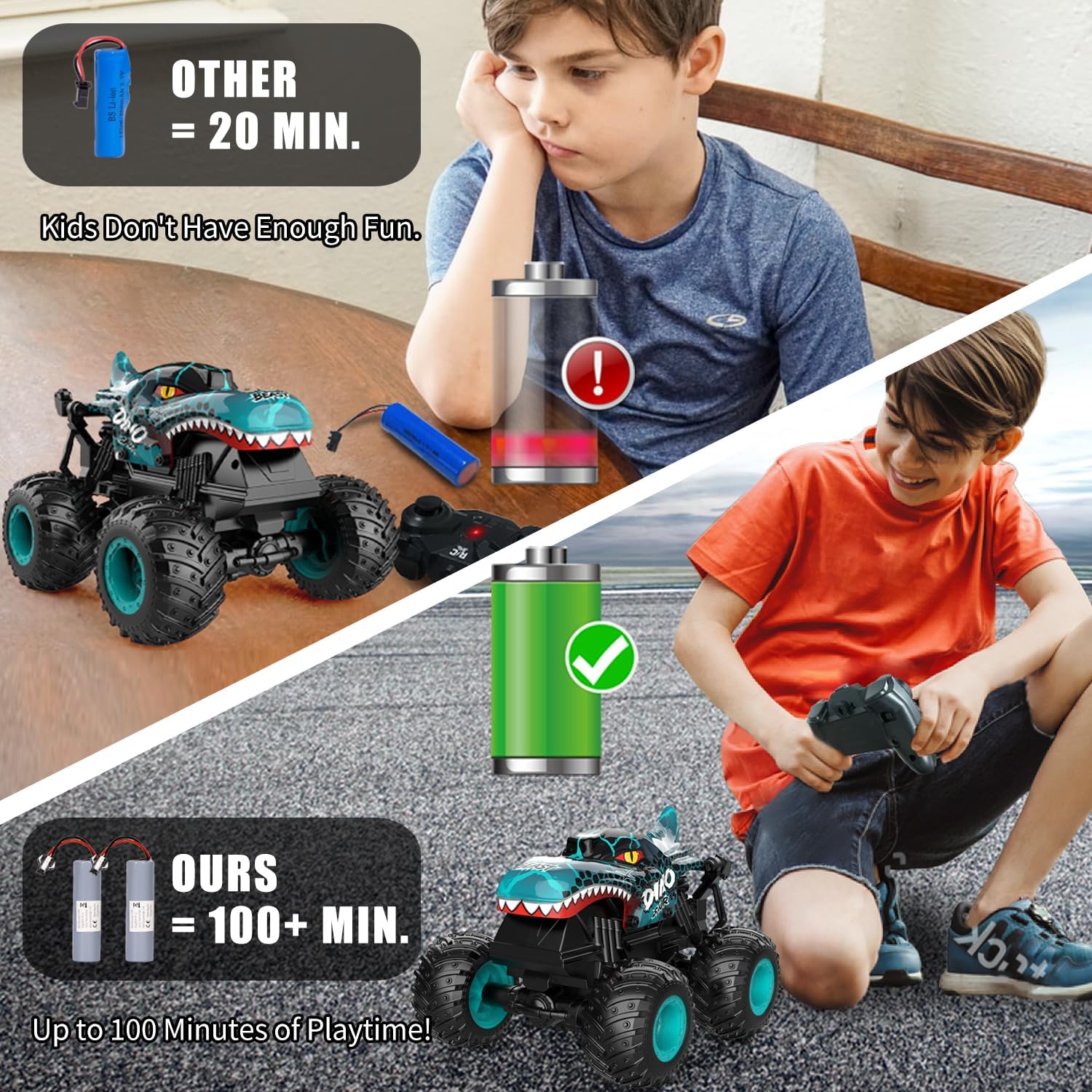 Monster Truck Toys, 2.4Ghz RC Monster Trucks para niños, 120 dinosaurio RC coches con luz y música, camión de control remoto con acrobacia, giro de