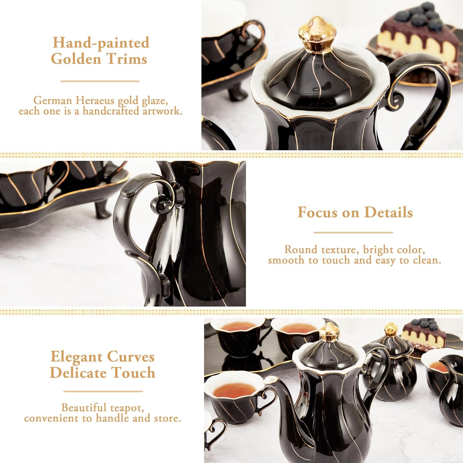 DUJUST Tetera de porcelana de estilo británico (40 onzas), tetera de cerámica de lujo con borde dorado, tetera negra de grado alimenticio con filtro