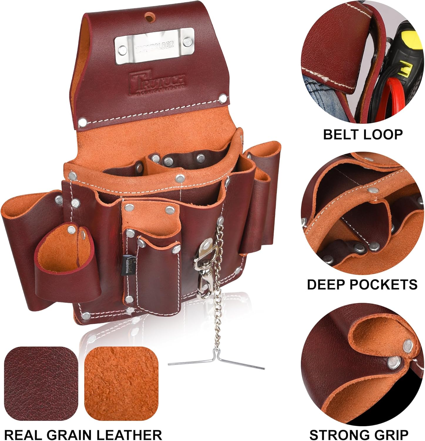 Bolsa de herramientas de electricista de cuero de grano granate, bolsa de herramientas eléctricas de carpintero  Bolsa de electricista para hombres